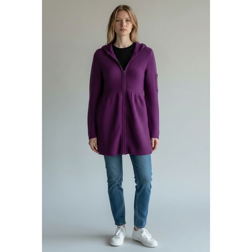 Athleta Purple Ribbed Knit Hooded Zipper Cardigan Sweater Size Medium Wool Blend
